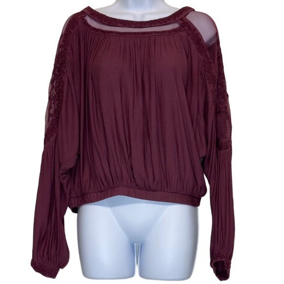Free People maroon Long‎ Sleeve Purple Embroidered & Mesh Top Size XS - Picture 15 of 15